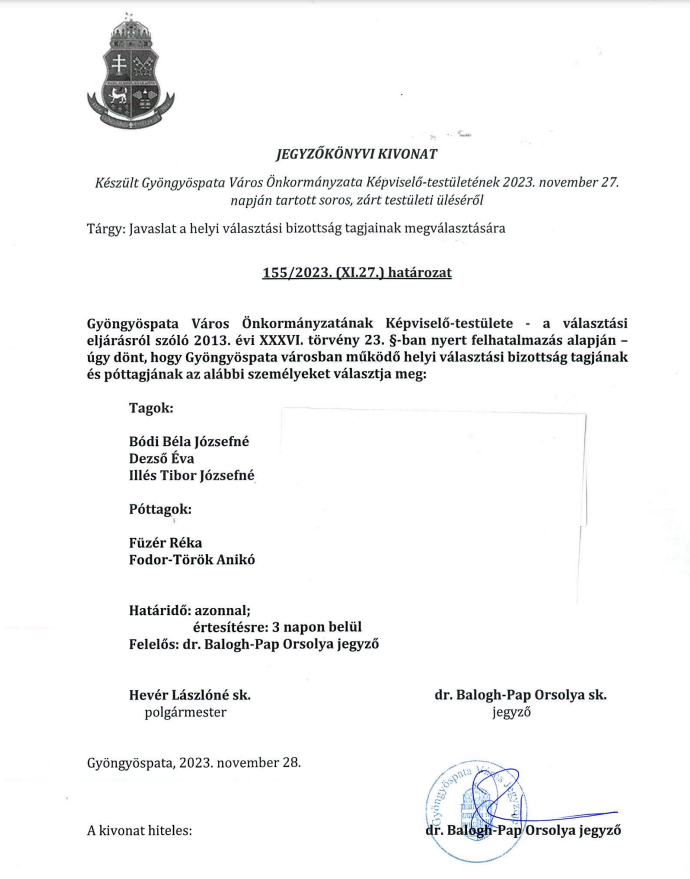 Megválasztották a helyi választási bizottság tagjait és póttagjait